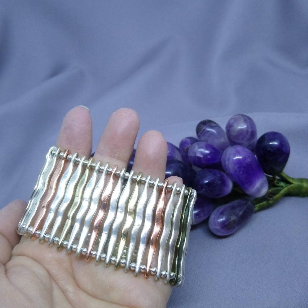 Stretch Bracelet, (1 ½") Wide, Multi-tone, (silver, gold, copper) Size 6 - 6 ½